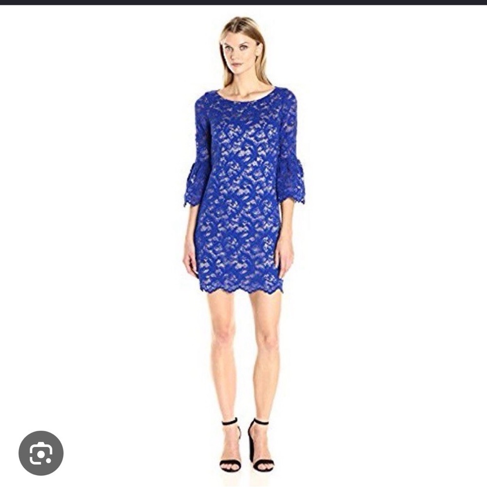 Eliza J Cobalt Blue Floral Lace Bell Sleeve Shift Dress Sz 4
